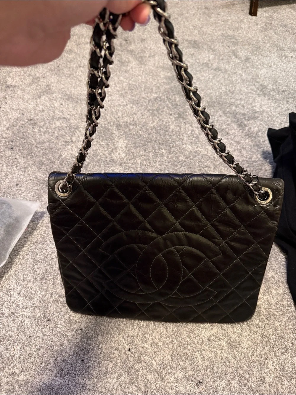 Black Quilted Leather Shoulder Bag with Chain Strap
